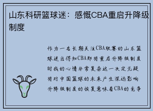 山东科研篮球迷：感慨CBA重启升降级制度