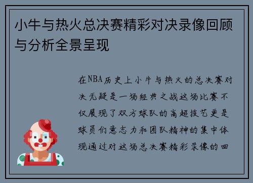 小牛与热火总决赛精彩对决录像回顾与分析全景呈现